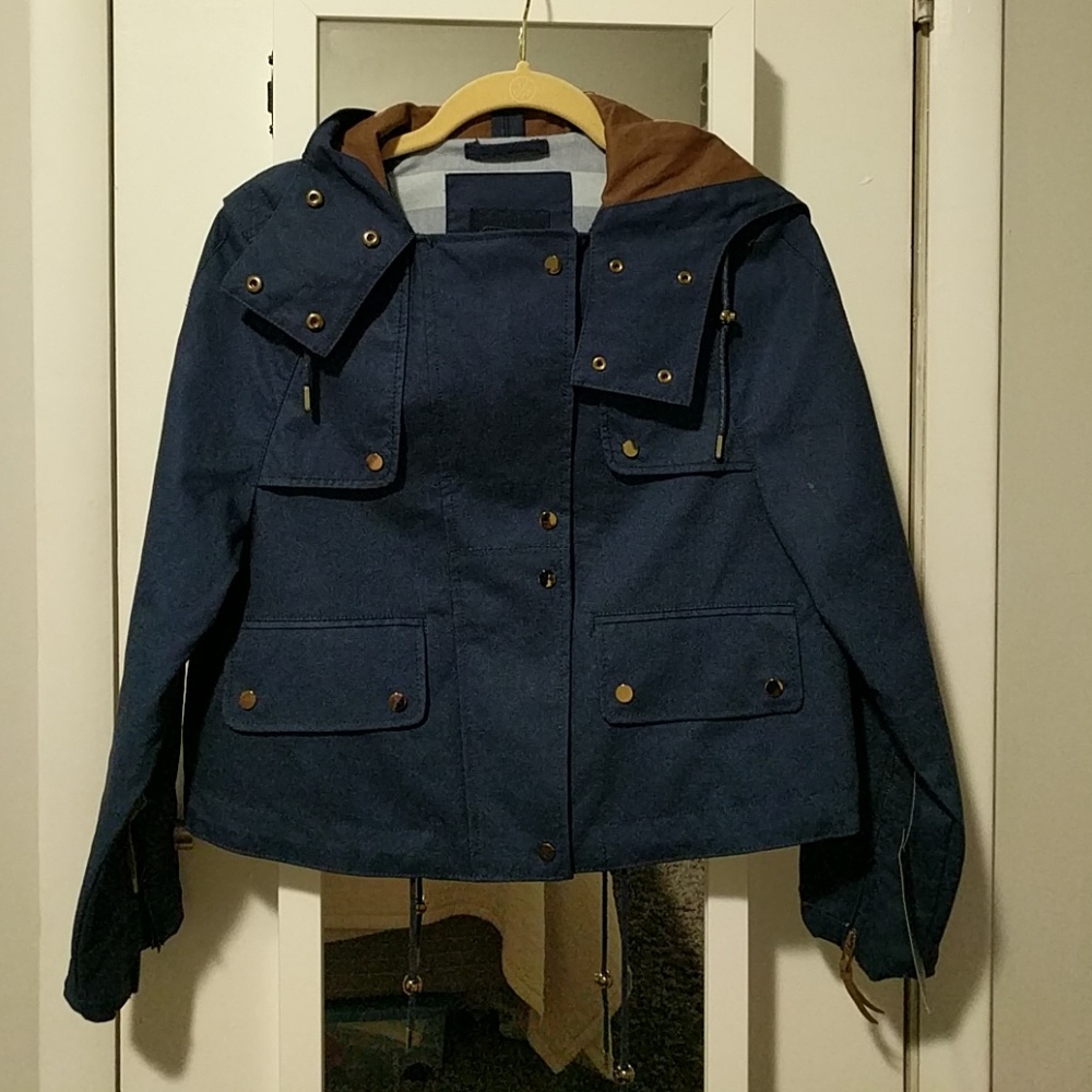 Zara Navy Blue Hooded Cotton Jacket with Brown Lining